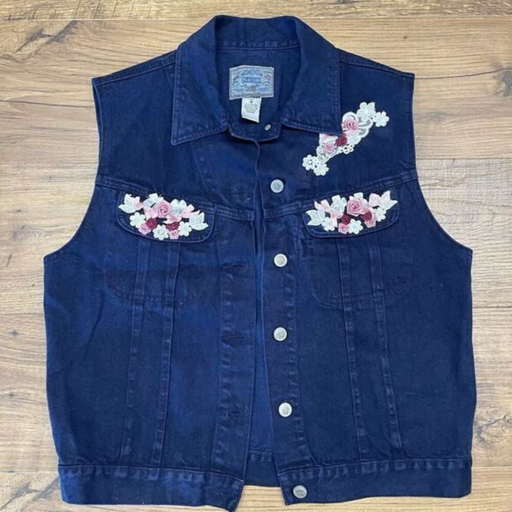 90s PS Gitano Jean Vest Womens Medium Dark Blue Cottage Twee‎ Lace Flowers Sweet